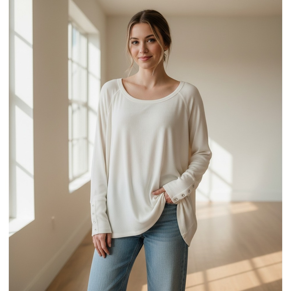 Nine Britton 1X Tunic Top Cream White Ribbed Minimalist Scandi Boho Coastal Chic